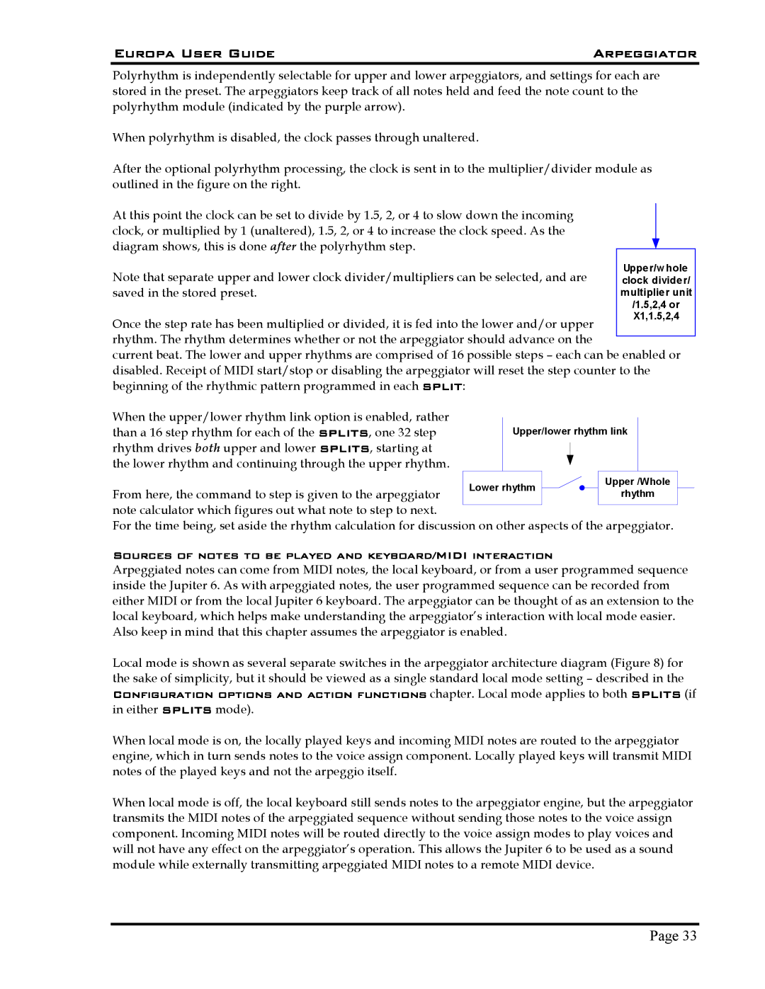 Roland 5 manual Europa User Guide Arpeggiator, Sources of notes to be played and keyboard/MIDI interaction 