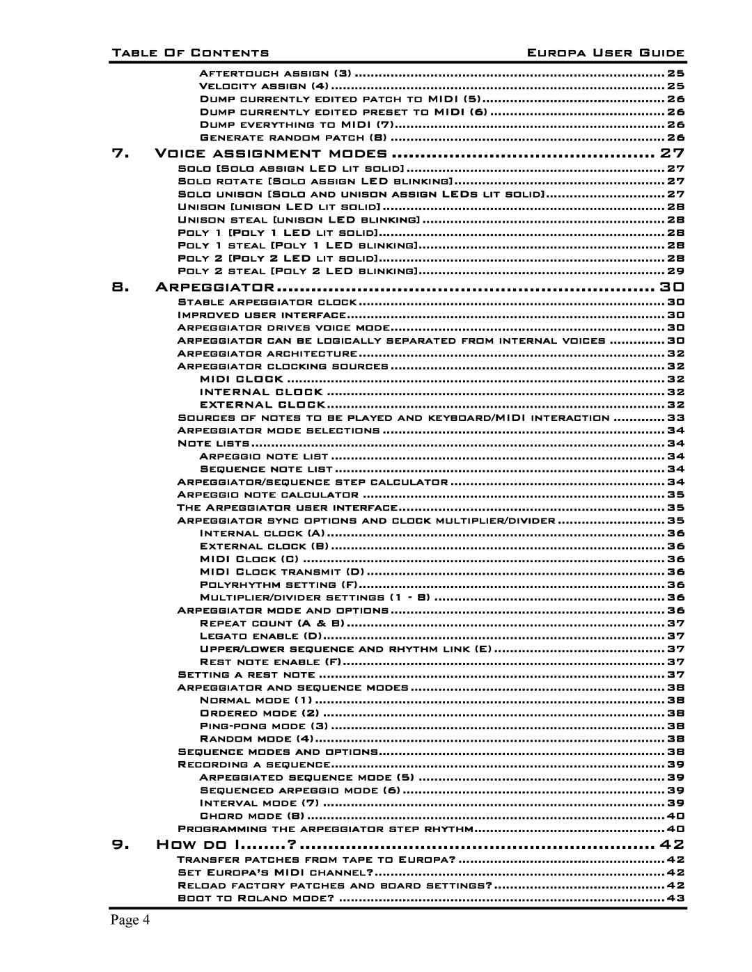 Roland 5 manual Voice assignment modes, Table Of Contents Europa User Guide 