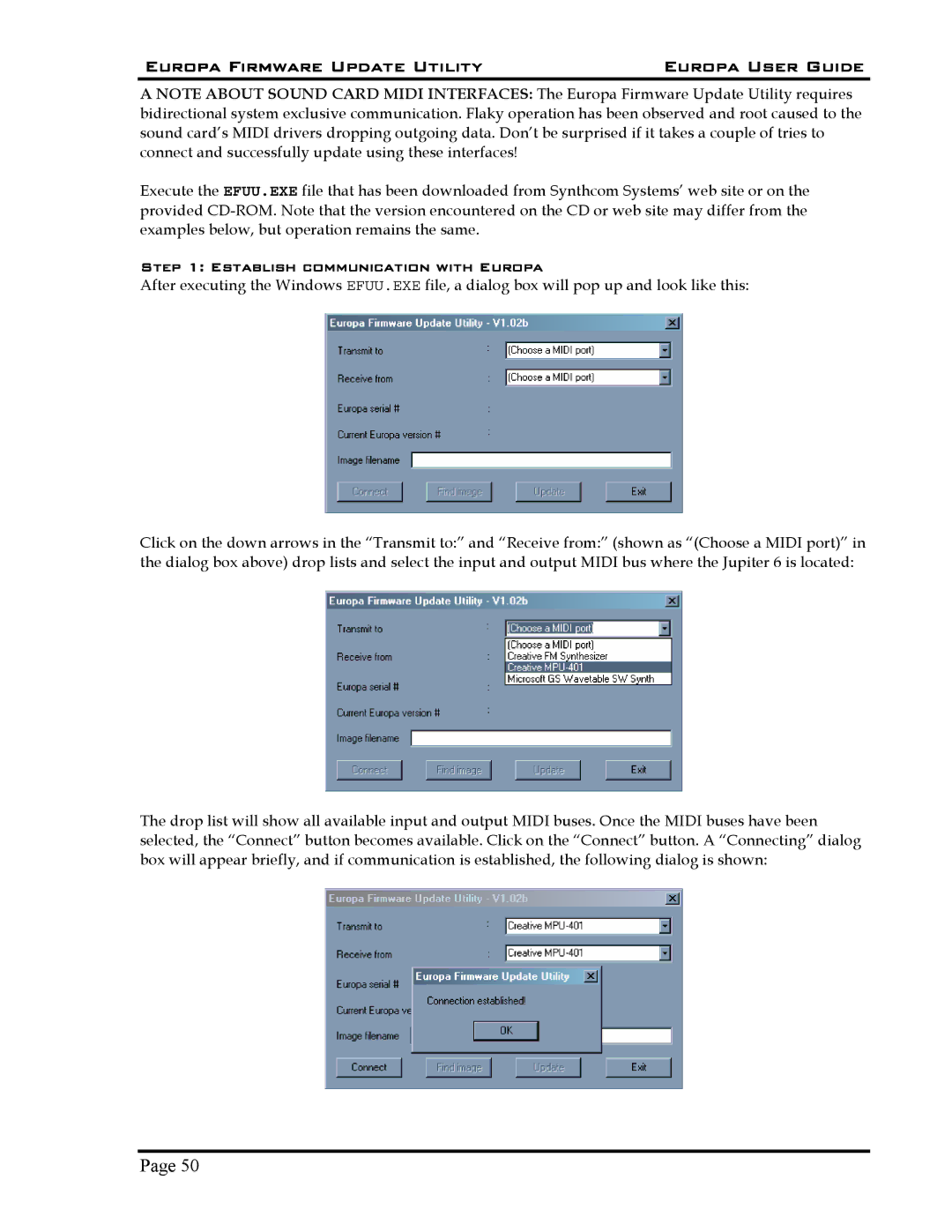 Roland 5 manual Europa Firmware Update Utility Europa User Guide, Establish communication with Europa 