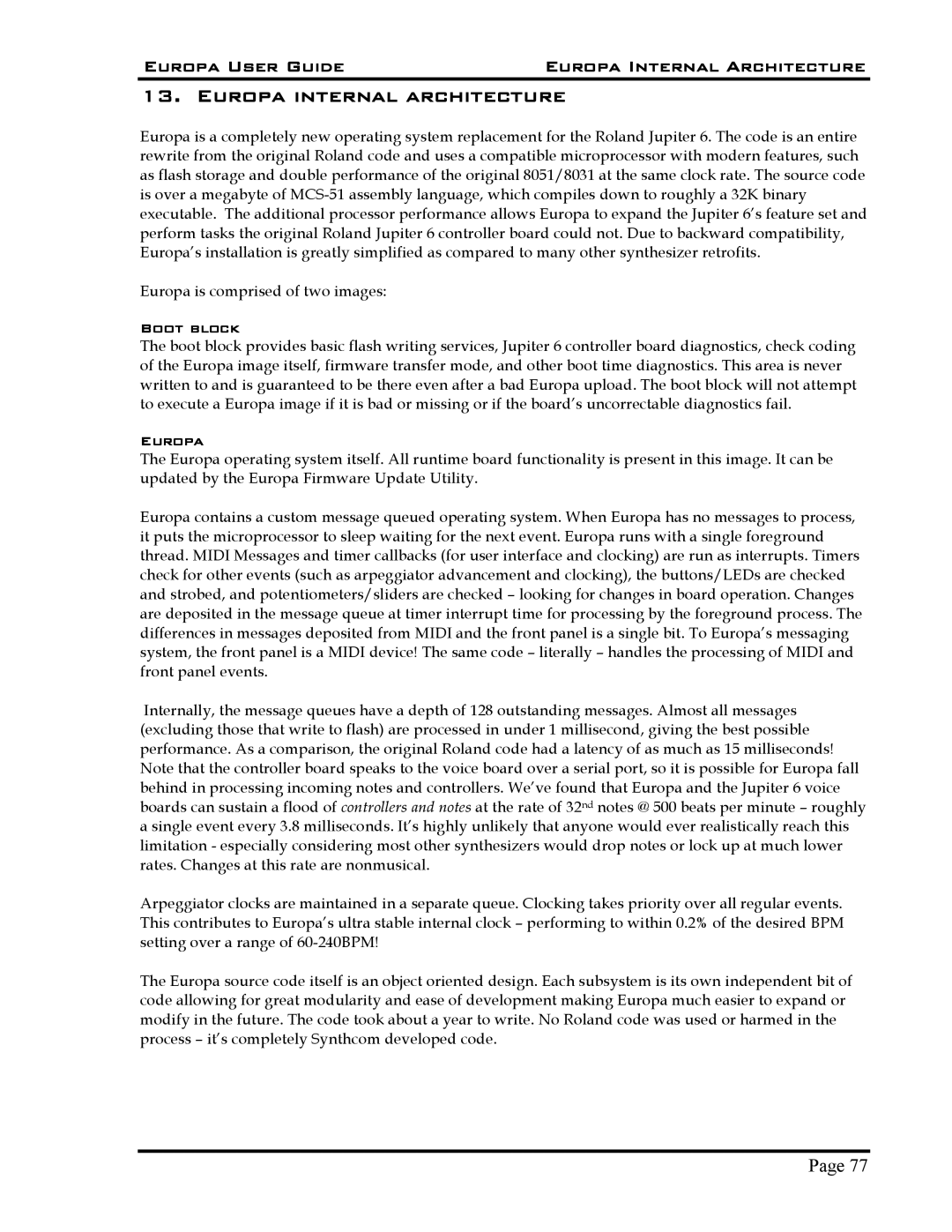 Roland 5 manual Europa User Guide Europa Internal Architecture, Boot block 