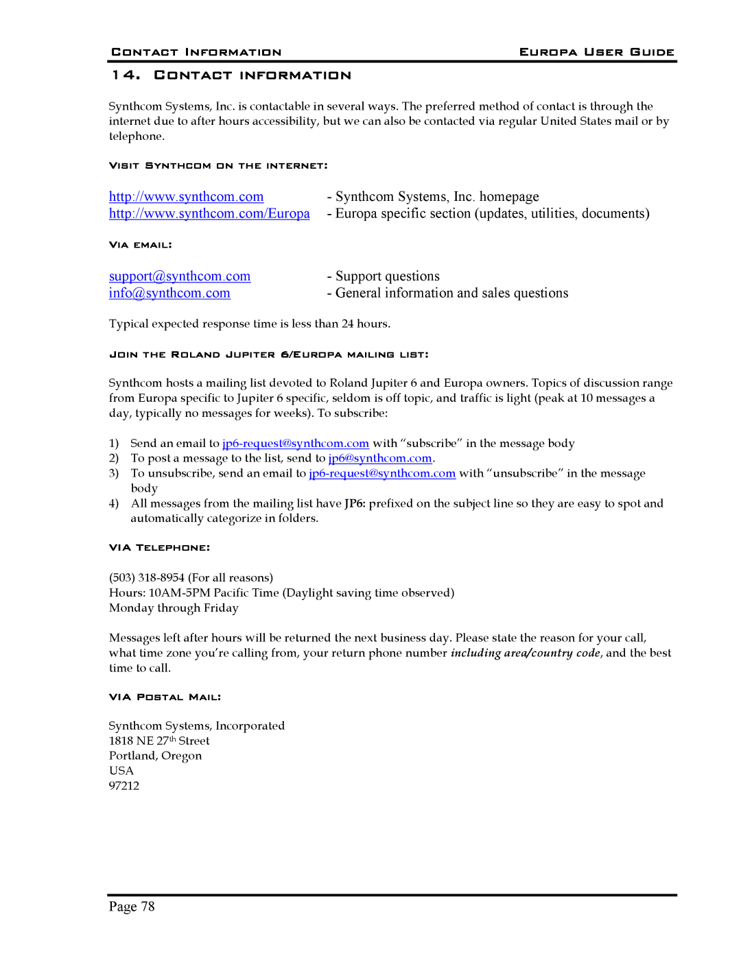 Roland 5 manual Contact Information Europa User Guide, Visit Synthcom on the internet 