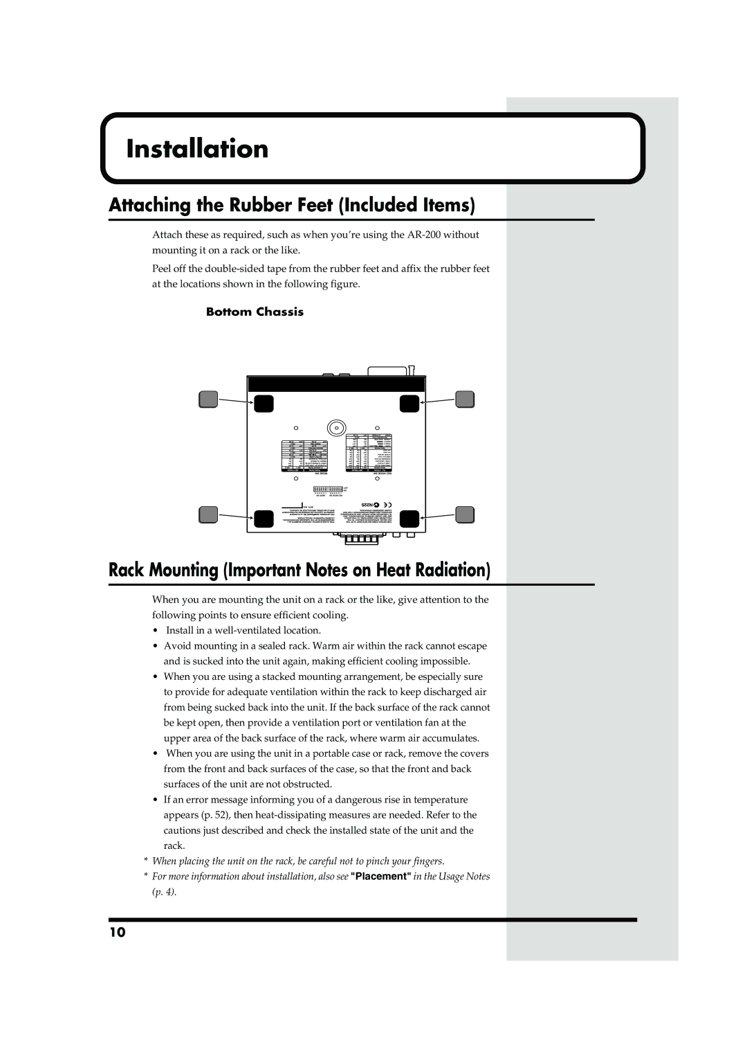 Roland AR-200 Installation, Attaching the Rubber Feet Included Items, Rack Mounting Important Notes on Heat Radiation 