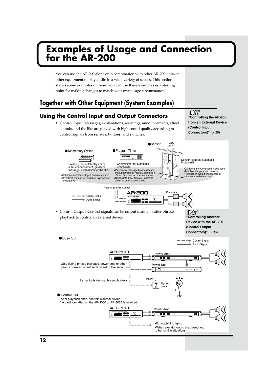 Roland owner manual Examples of Usage and Connection for the AR-200, Together with Other Equipment System Examples 