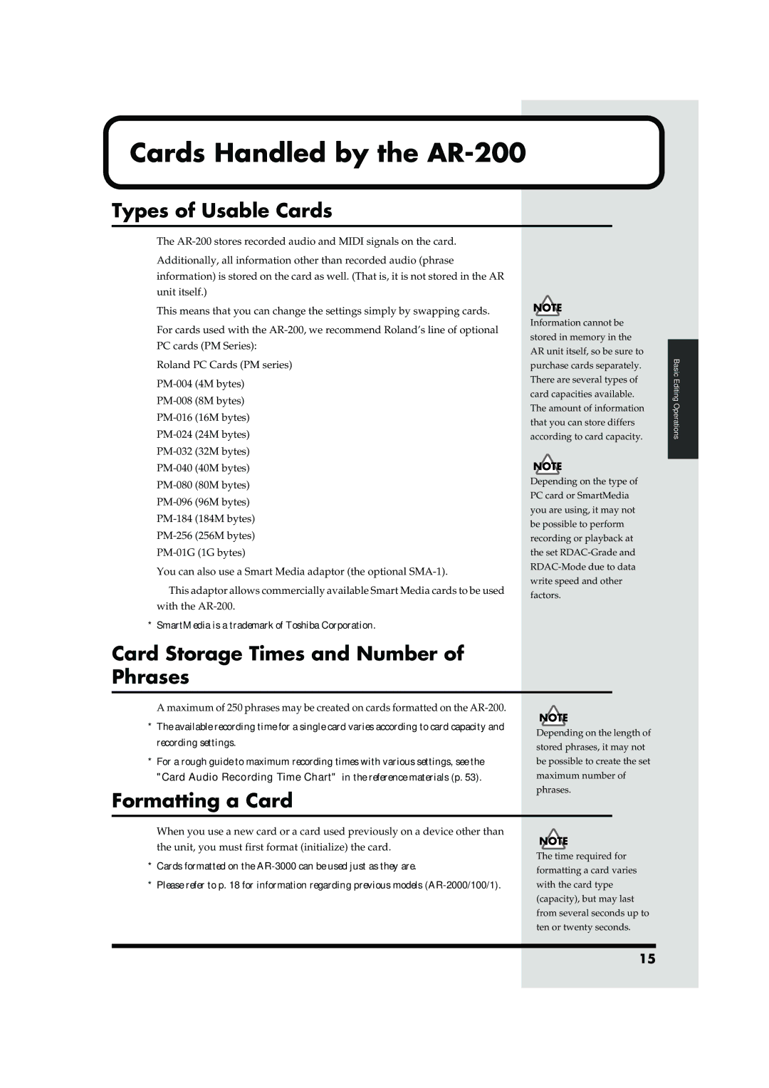 Roland Cards Handled by the AR-200, Types of Usable Cards, Card Storage Times and Number of Phrases, Formatting a Card 