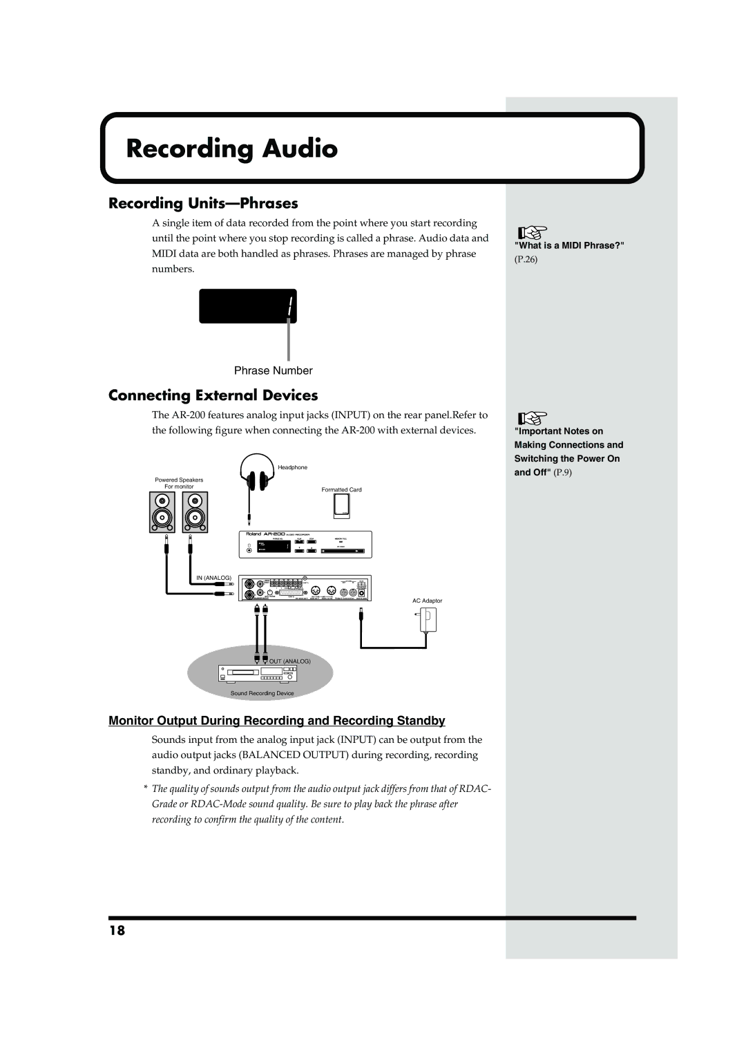 Roland AR-200 owner manual Recording Audio, Recording Units-Phrases, Connecting External Devices 