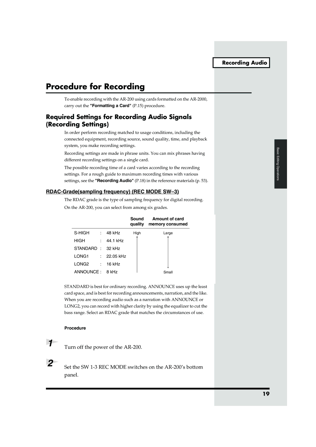 Roland AR-200 Procedure for Recording, RDAC-Gradesampling frequency REC Mode SW-3, Recording Audio, Amount of card 