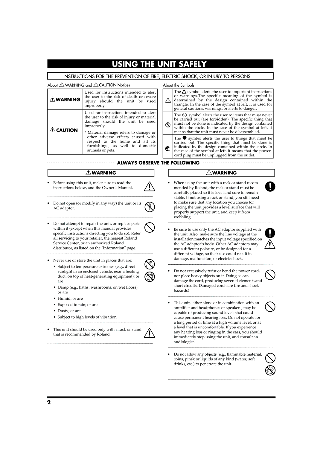 Roland AR-200 owner manual Using the Unit Safely 