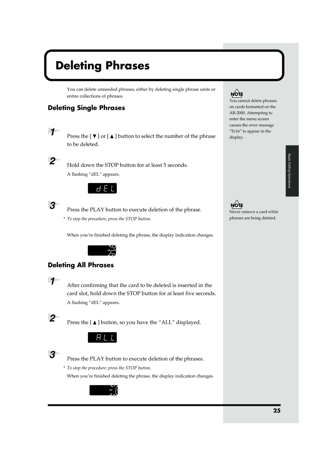 Roland AR-200 owner manual Deleting Phrases, Deleting Single Phrases, Deleting All Phrases 