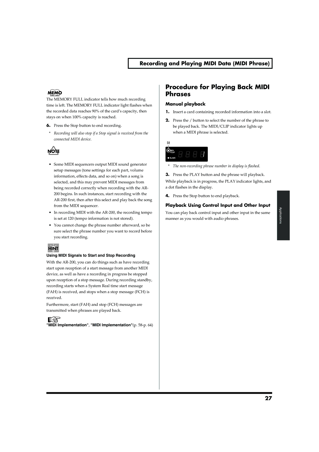 Roland AR-200 owner manual Procedure for Playing Back Midi, Recording and Playing Midi Data Midi Phrase, Manual playback 