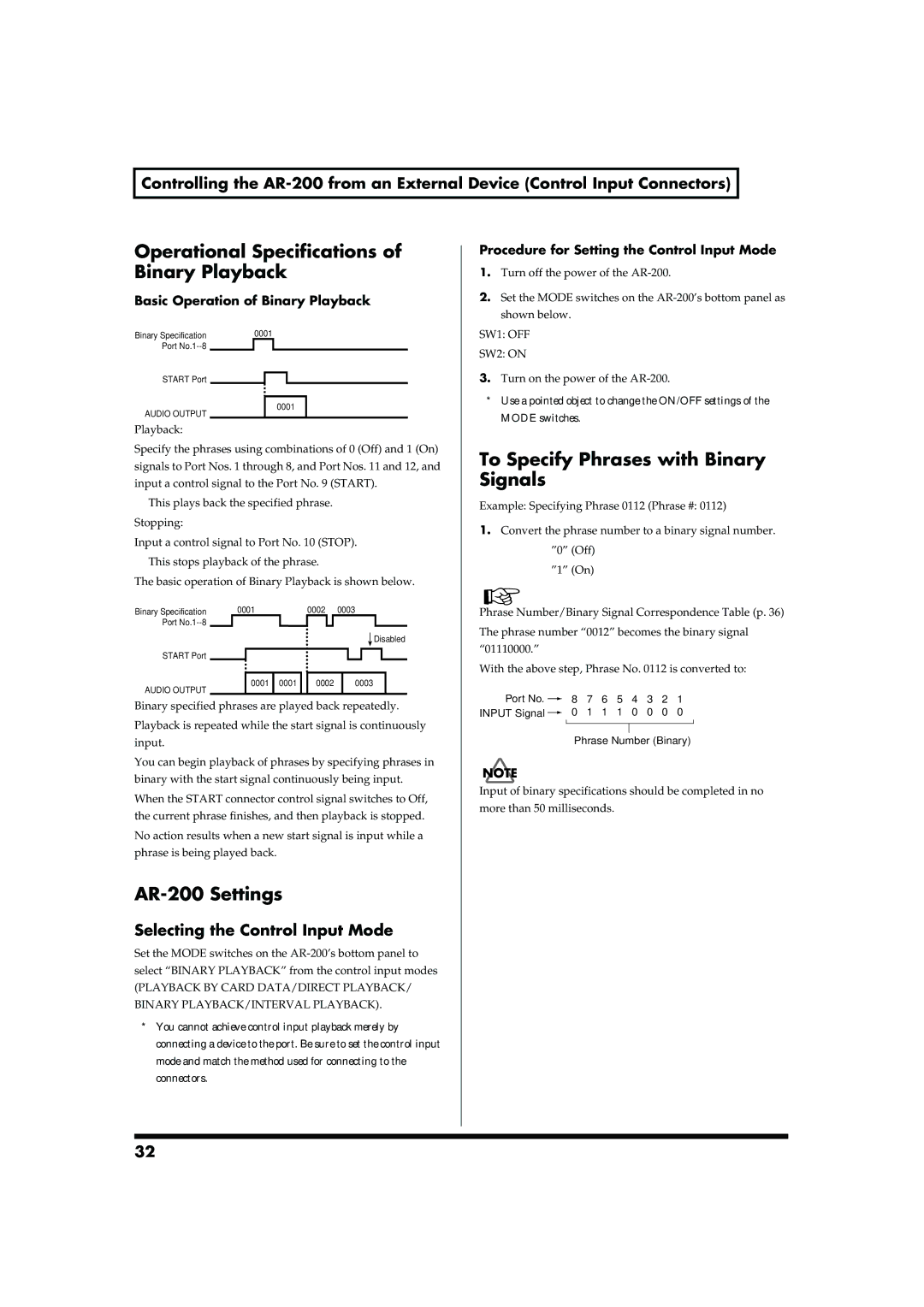 Roland AR-200 owner manual Operational Specifications of Binary Playback, To Specify Phrases with Binary Signals 