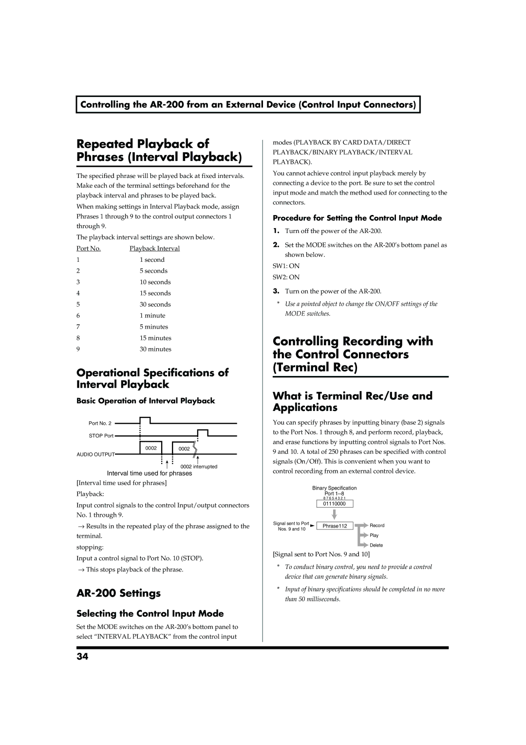 Roland AR-200 owner manual Repeated Playback of Phrases Interval Playback, Operational Specifications of Interval Playback 