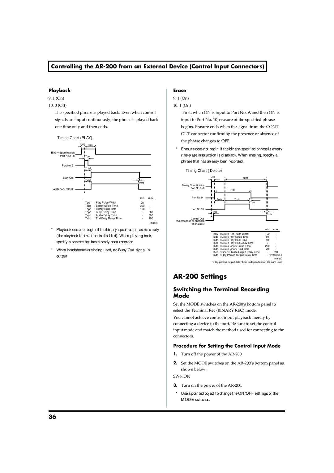 Roland AR-200 owner manual Switching the Terminal Recording Mode, Playback, Erase 