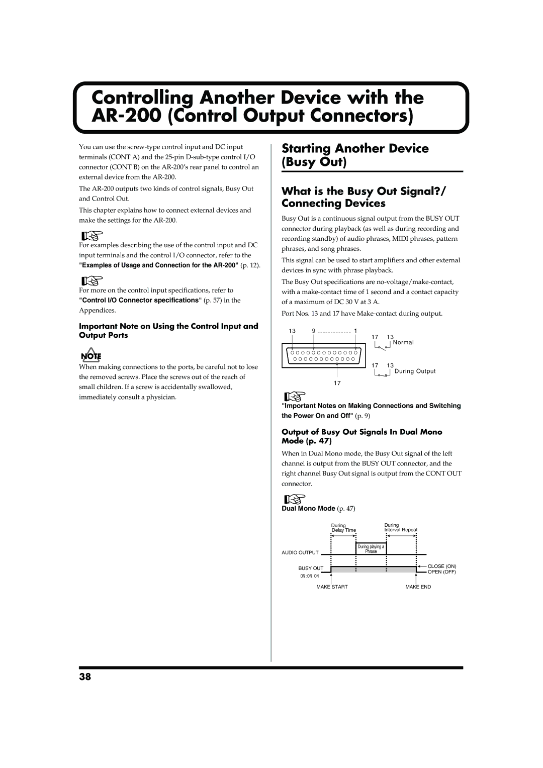 Roland AR-200 owner manual Starting Another Device Busy Out, What is the Busy Out Signal?/ Connecting Devices 