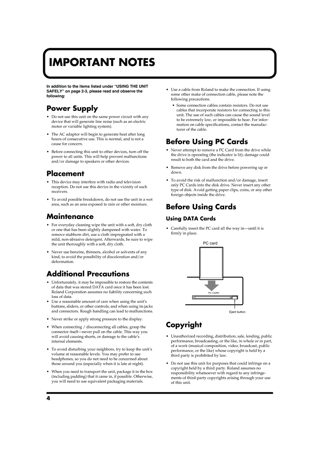 Roland AR-200 Power Supply, Placement, Maintenance, Before Using PC Cards, Before Using Cards, Additional Precautions 