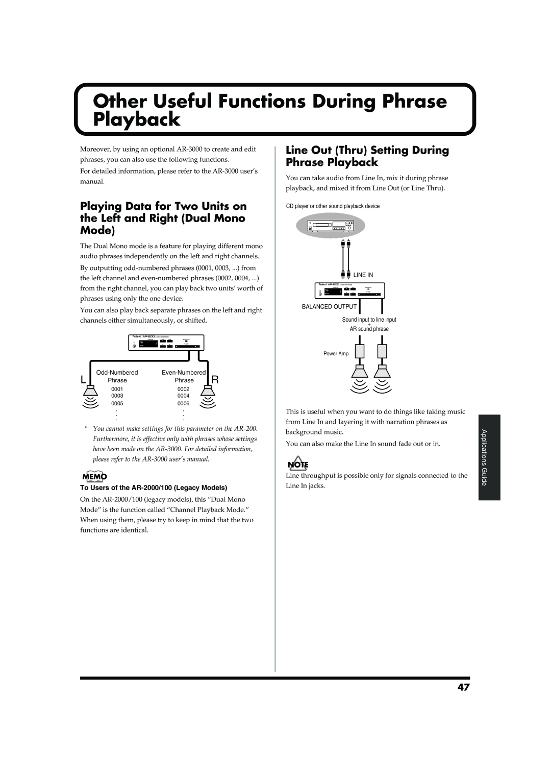 Roland AR-200 owner manual Other Useful Functions During Phrase Playback, Line Out Thru Setting During Phrase Playback 