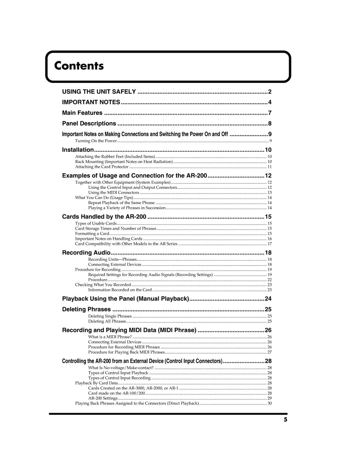 Roland AR-200 owner manual Contents 