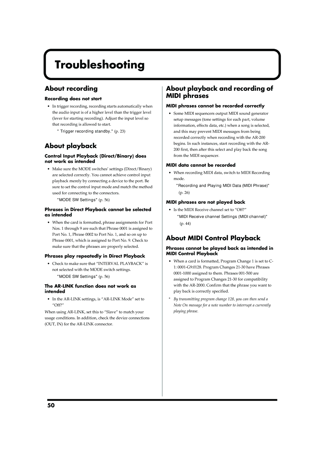 Roland AR-200 owner manual Troubleshooting, About recording, About playback and recording of Midi phrases 