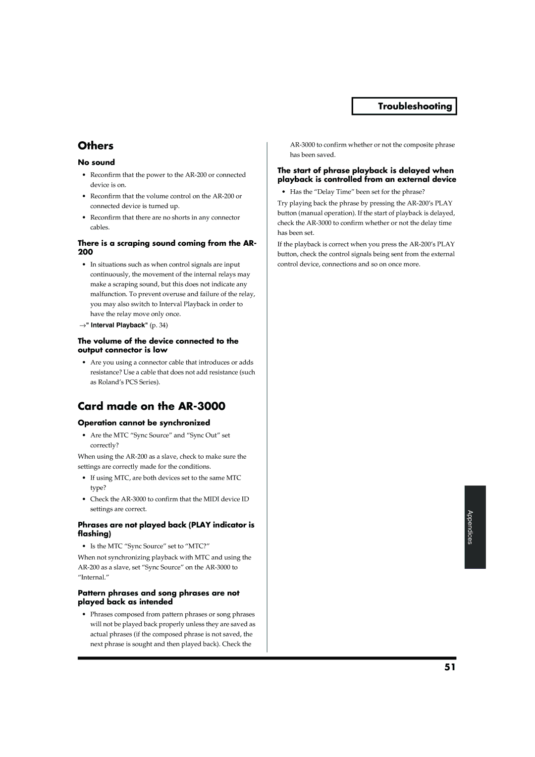 Roland AR-200 owner manual Others, Card made on the AR-3000, Troubleshooting 