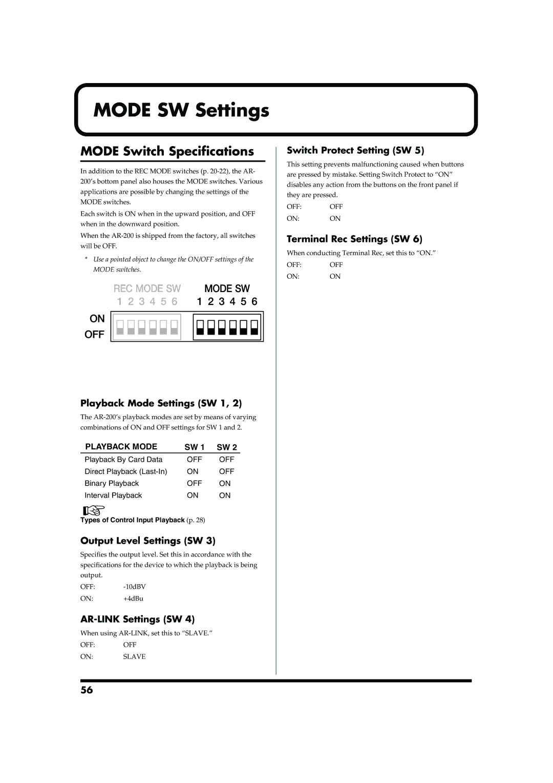 Roland AR-200 owner manual Mode SW Settings, Mode Switch Specifications 