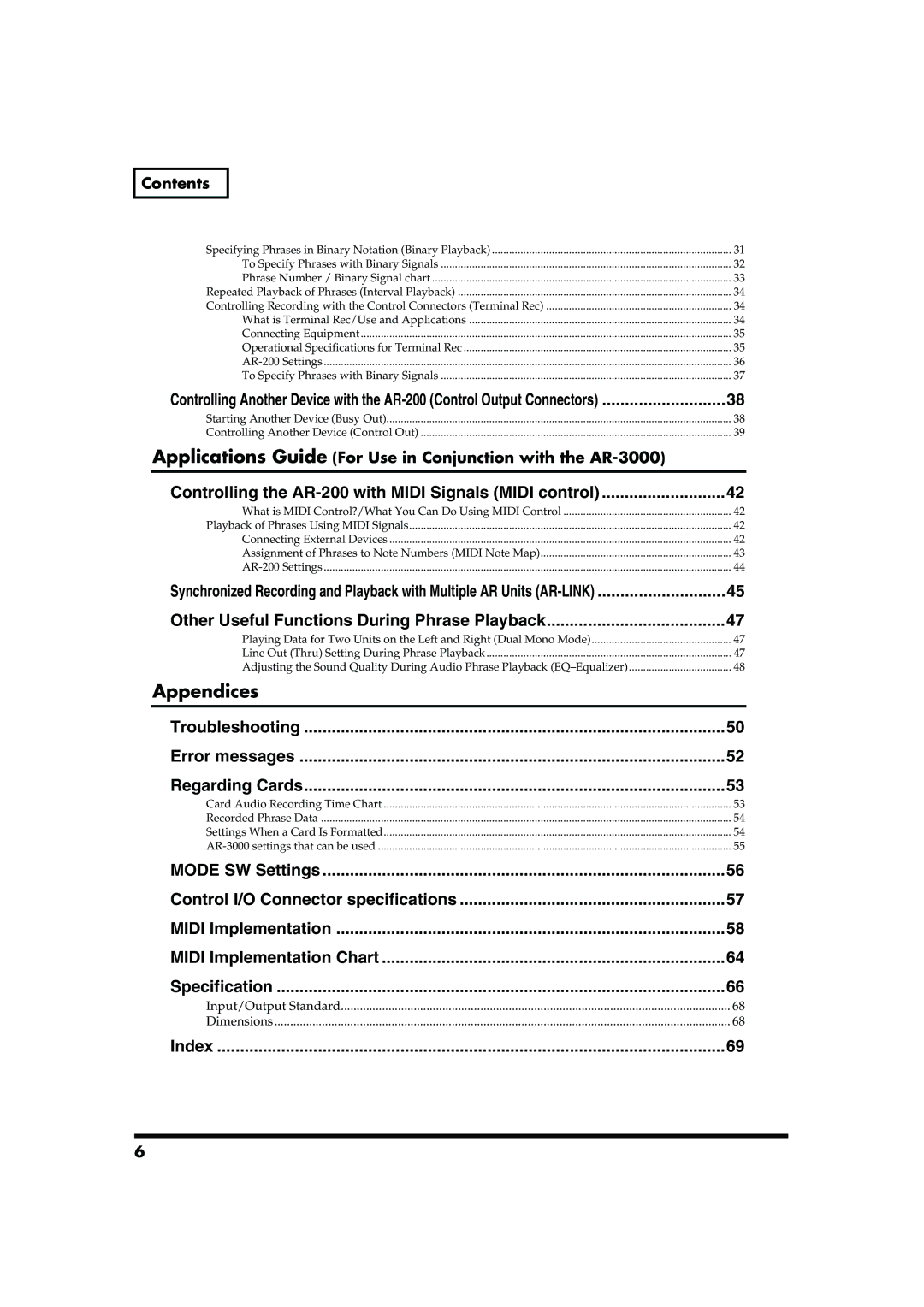 Roland AR-200 owner manual Appendices, Troubleshooting Error messages Regarding Cards, Mode SW Settings, Index 