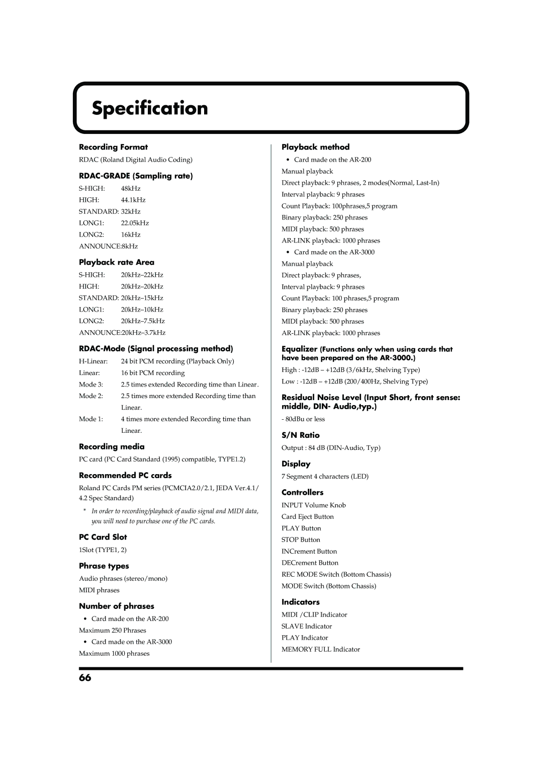 Roland AR-200 owner manual Specification 