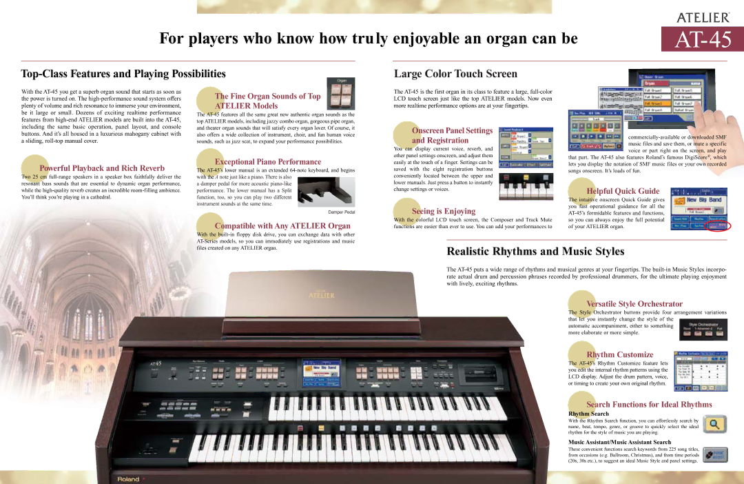 Roland AT-45 Fine Organ Sounds of Top Atelier Models, Onscreen Panel Settings Registration, Exceptional Piano Performance 