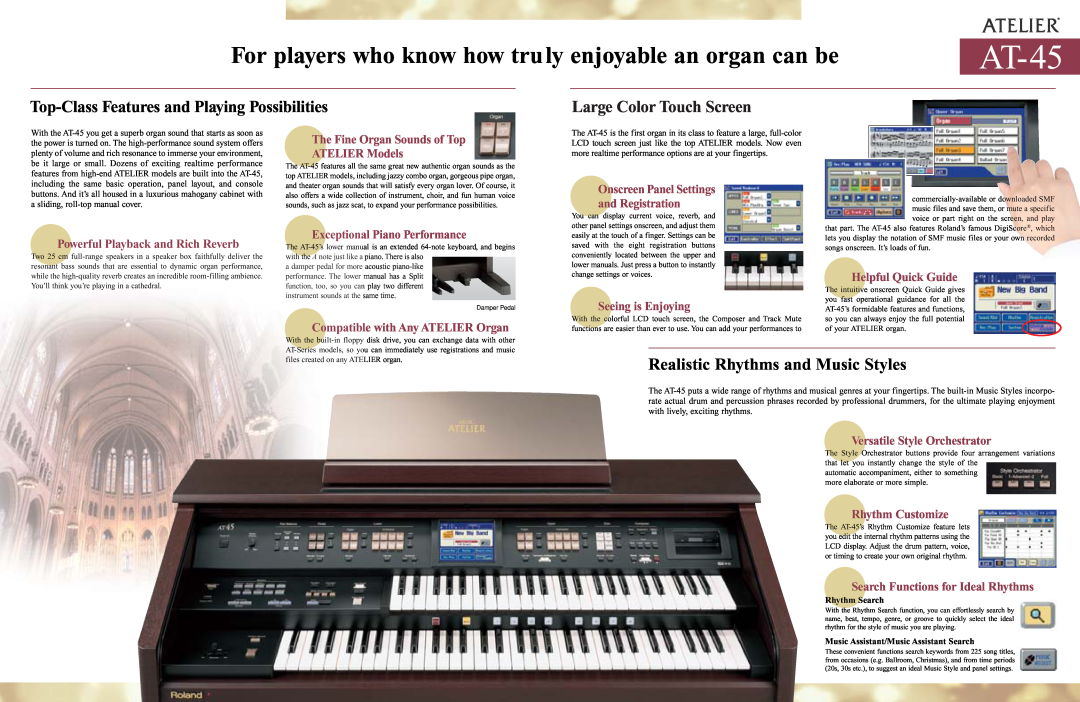 Roland AT-45 manual For players who know how truly enjoyable an organ can be, Top-Class Features and Playing Possibilities 