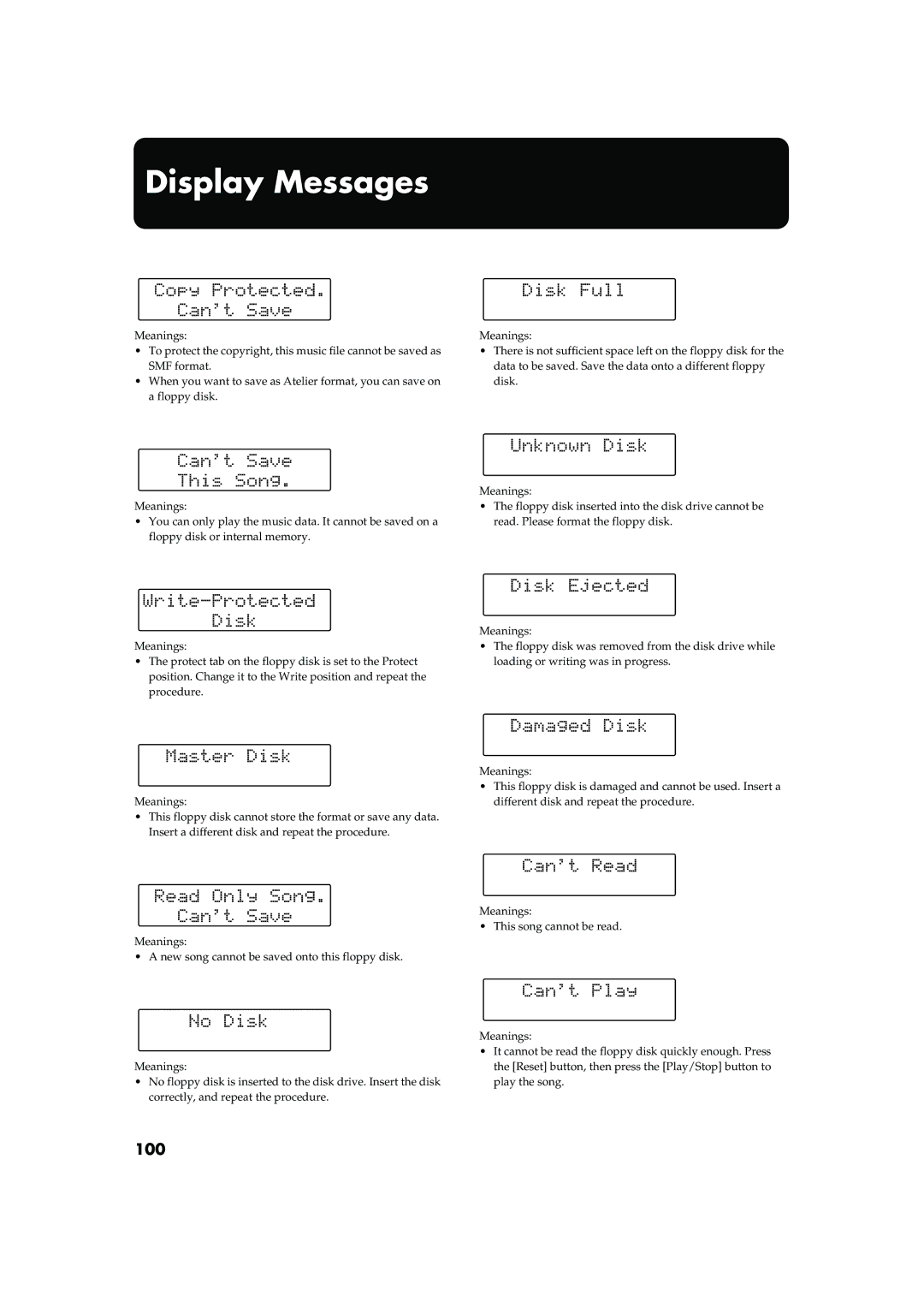 Roland AT15 owner manual Display Messages, 100 