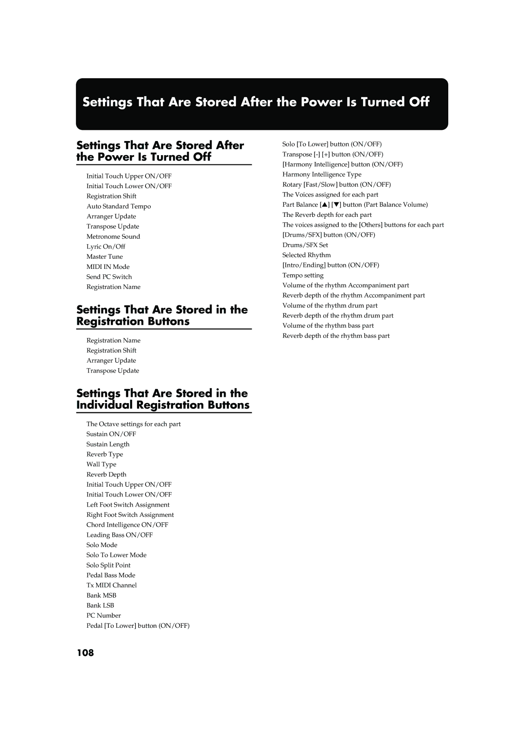 Roland AT15 owner manual Settings That Are Stored After the Power Is Turned Off, 108 