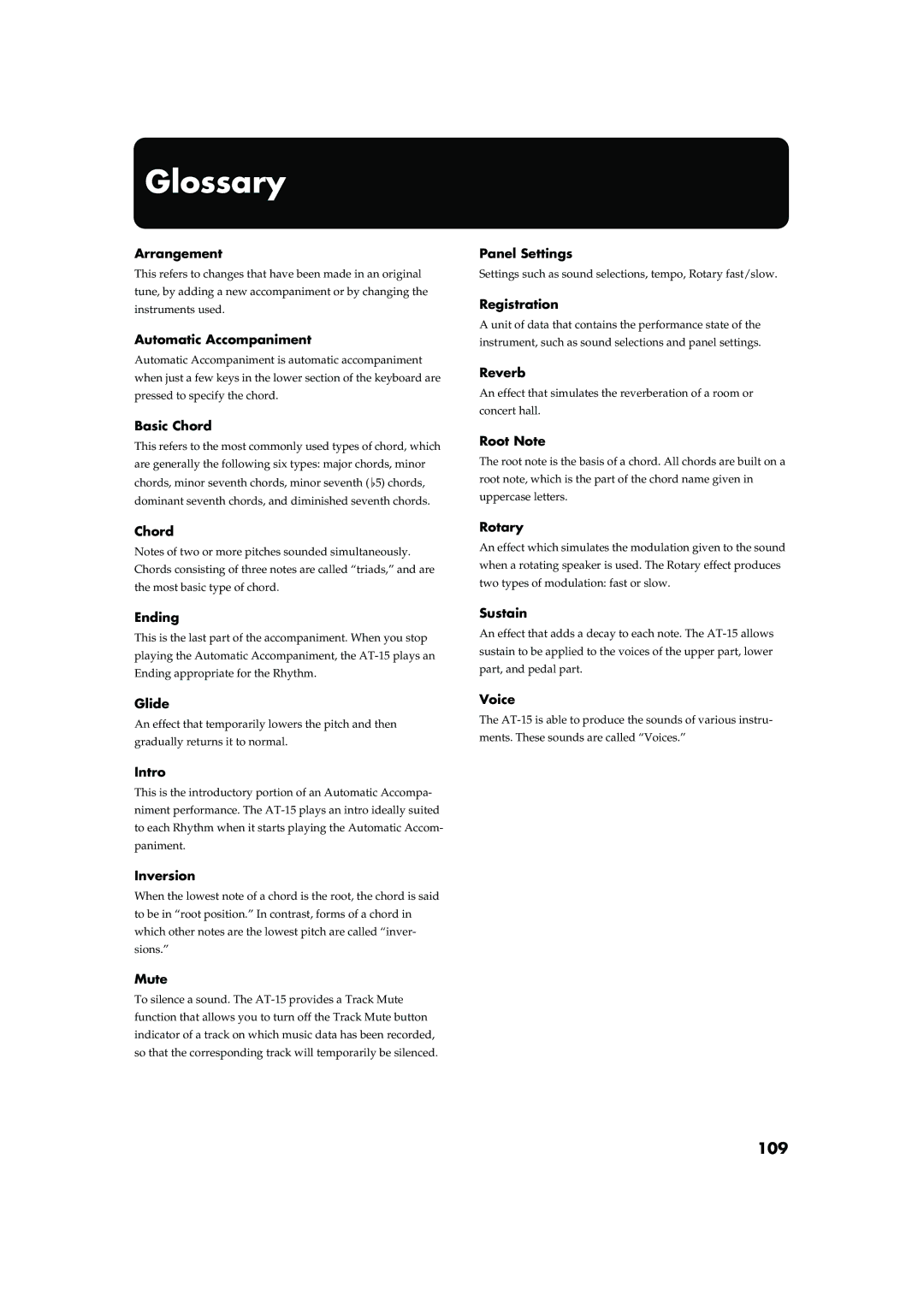 Roland AT15 owner manual Glossary, 109 