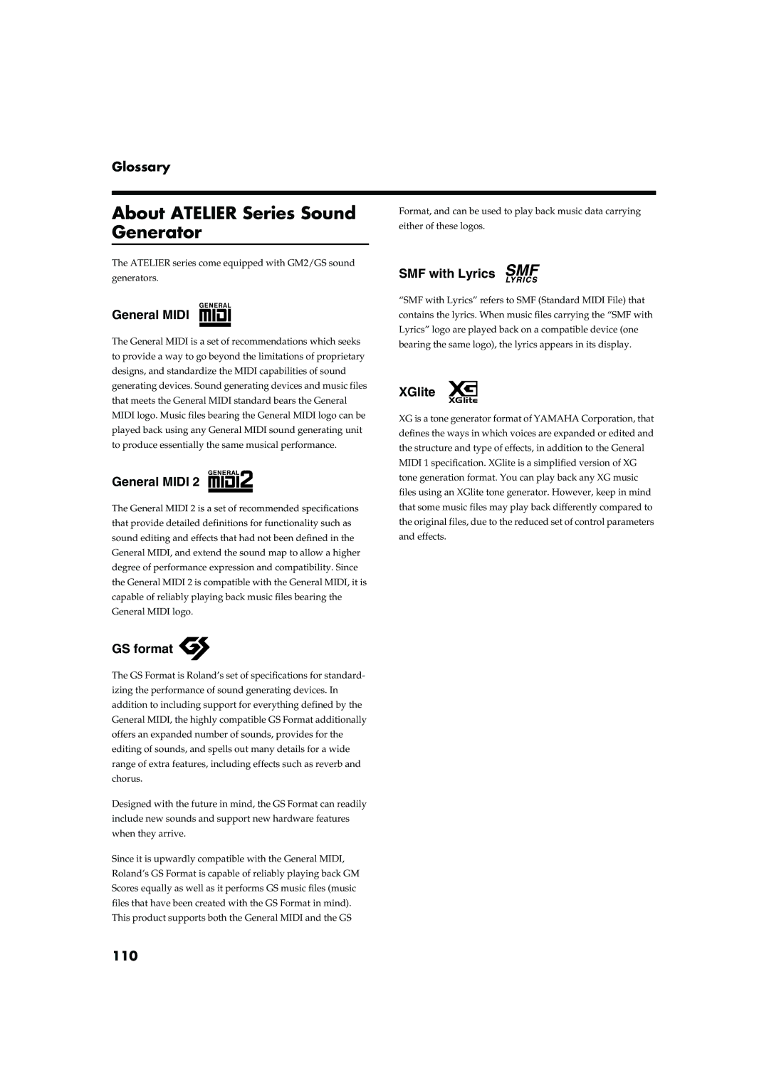 Roland AT15 owner manual About Atelier Series Sound Generator, General Midi, GS format, SMF with Lyrics, XGlite 