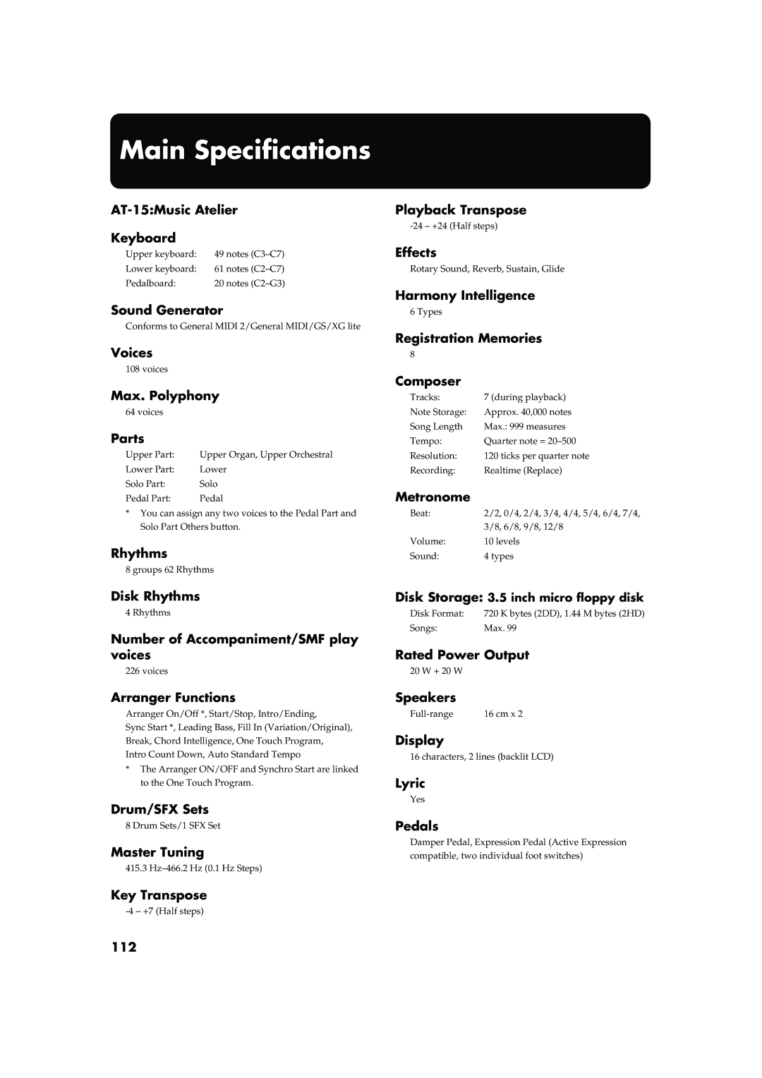 Roland AT15 owner manual Main Specifications 