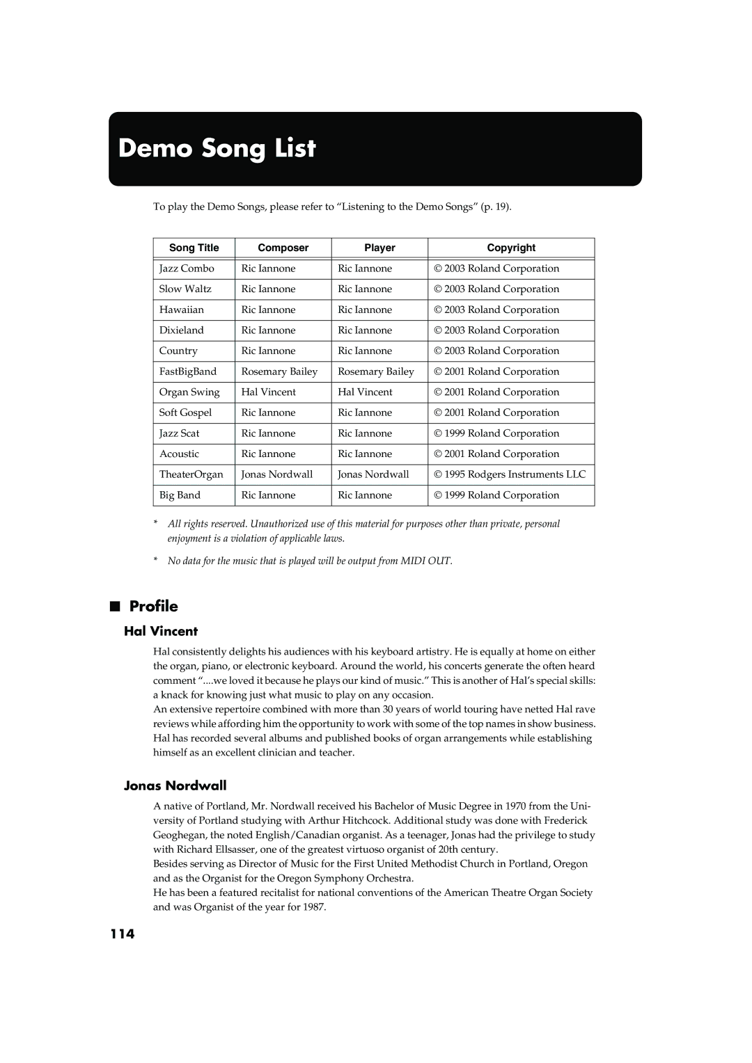 Roland AT15 owner manual Demo Song List, Profile, Hal Vincent, Jonas Nordwall, 114 