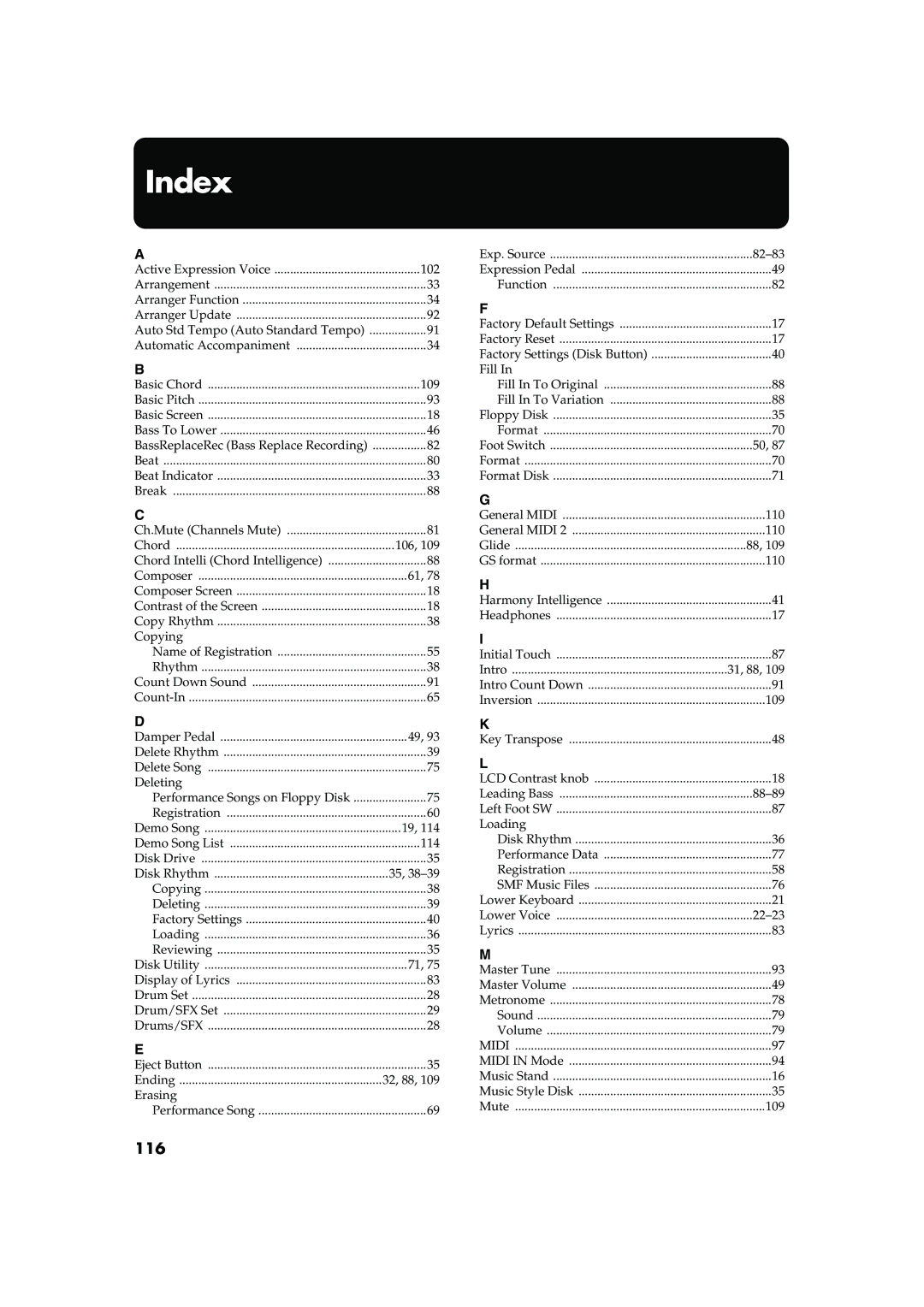 Roland AT15 owner manual Index, 116 