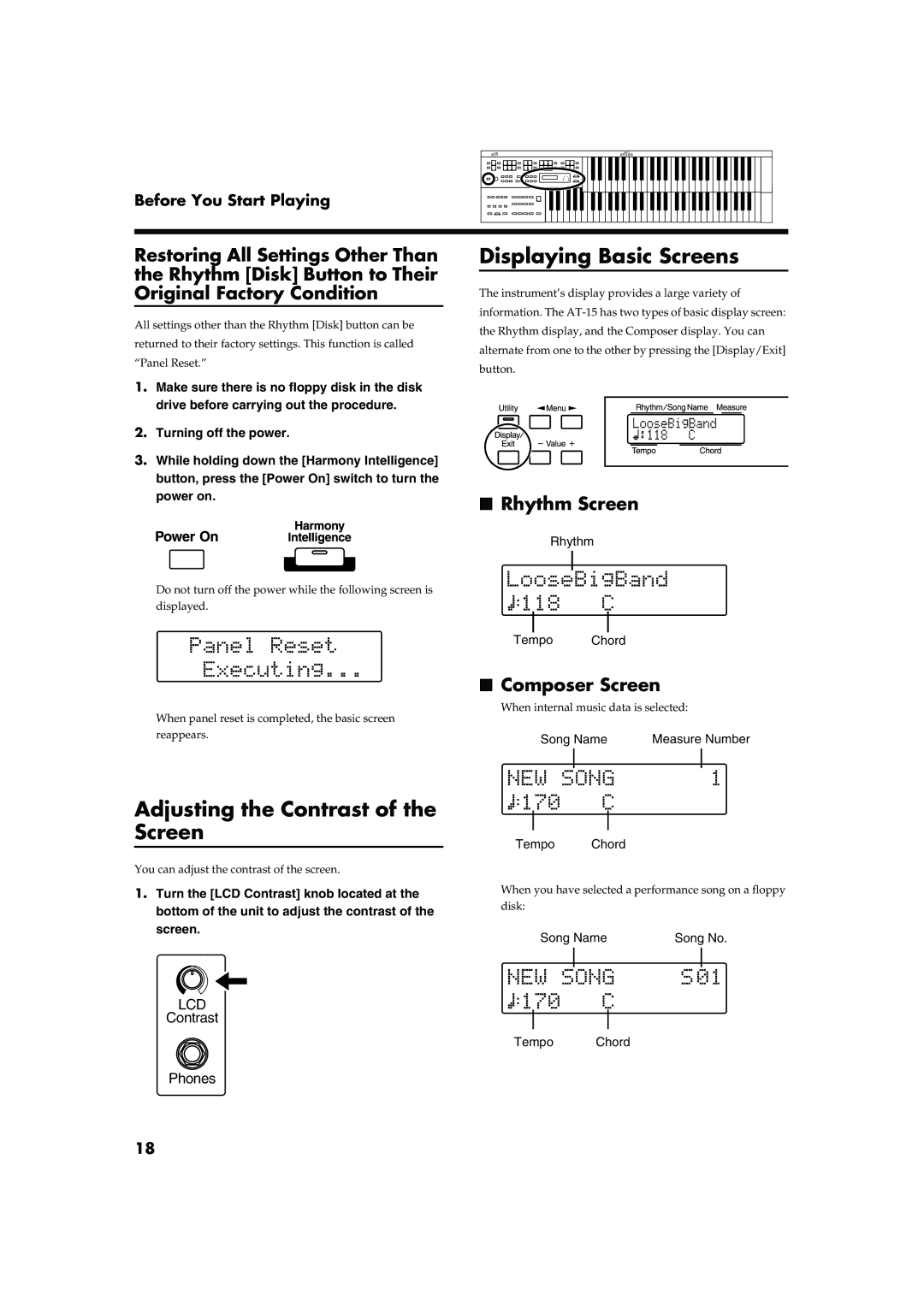 Roland AT15 owner manual Adjusting the Contrast of the Screen, Displaying Basic Screens, Rhythm Screen, Composer Screen 