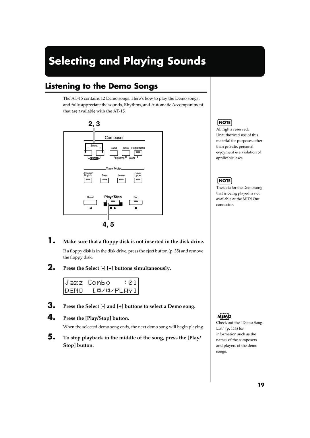 Roland AT15 owner manual Selecting and Playing Sounds, Listening to the Demo Songs 