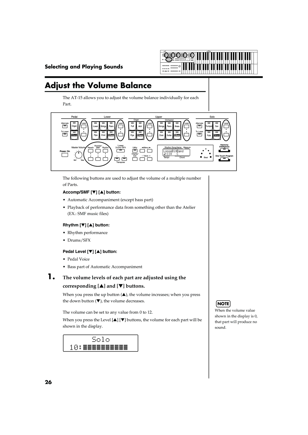 Roland AT15 Adjust the Volume Balance, Rhythm performance Drums/SFX, Pedal Voice Bass part of Automatic Accompaniment 