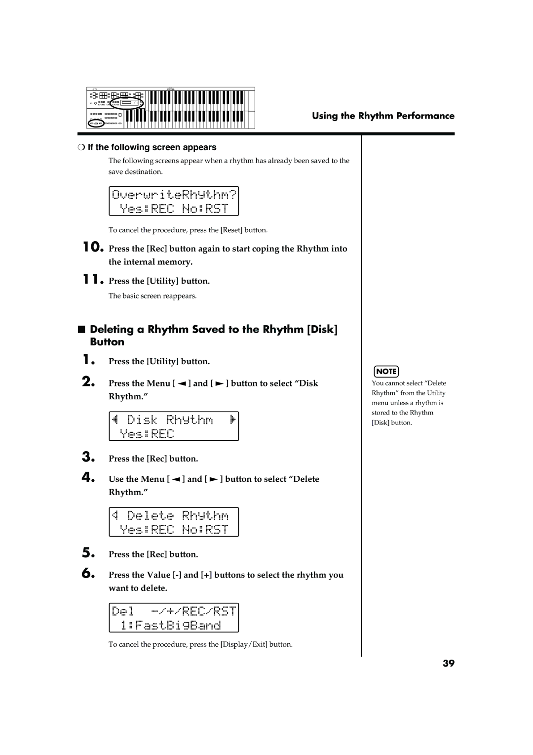 Roland AT15 owner manual Deleting a Rhythm Saved to the Rhythm Disk Button 