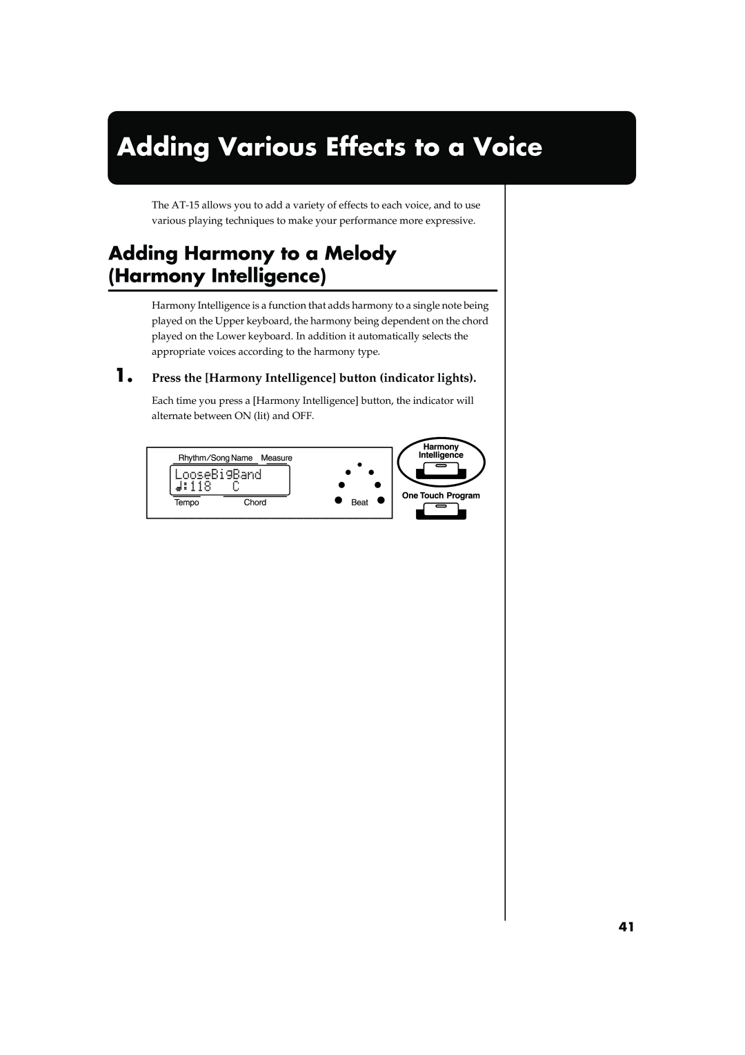 Roland AT15 owner manual Adding Various Effects to a Voice, Adding Harmony to a Melody Harmony Intelligence 