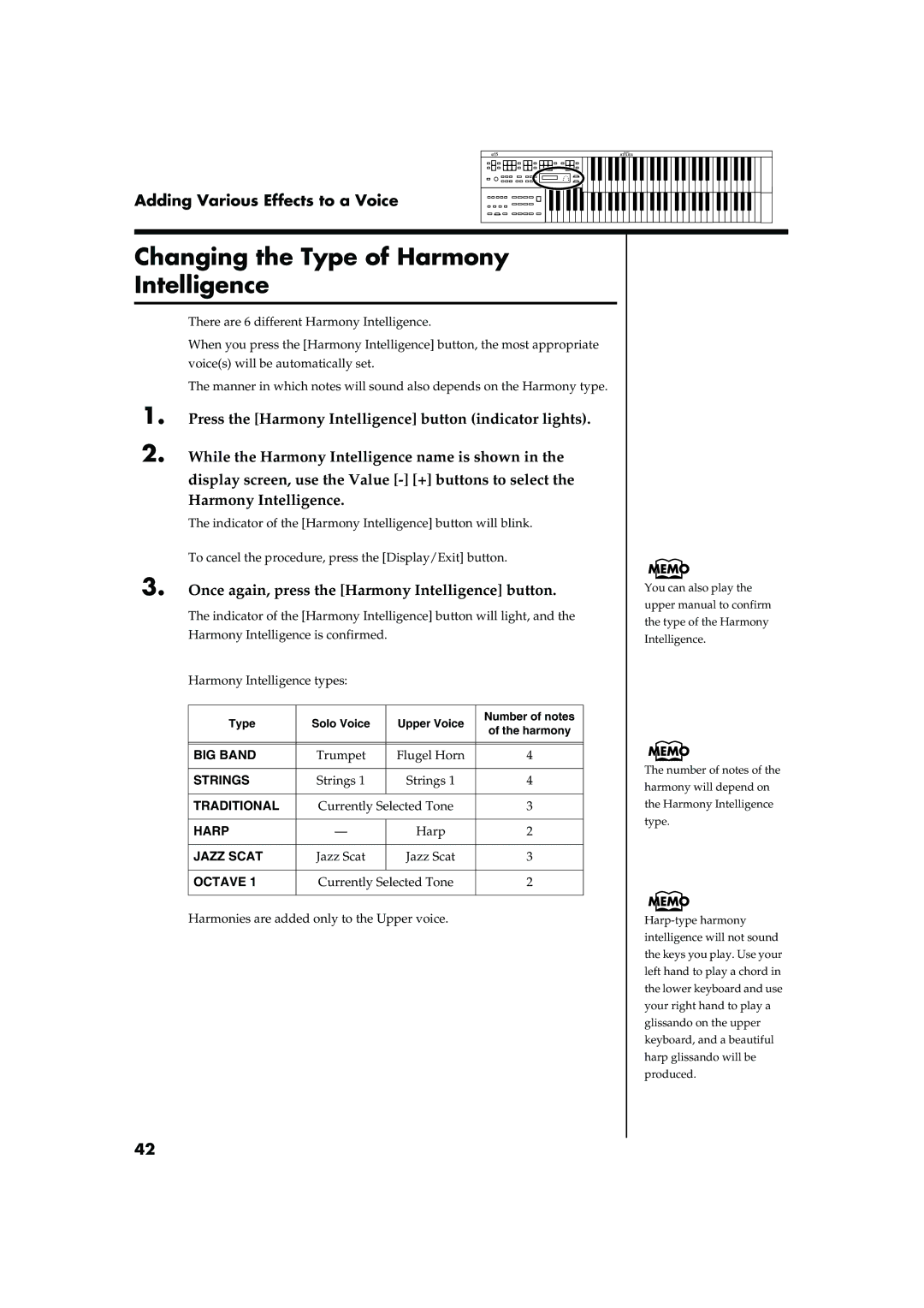 Roland AT15 owner manual Changing the Type of Harmony Intelligence, Once again, press the Harmony Intelligence button 