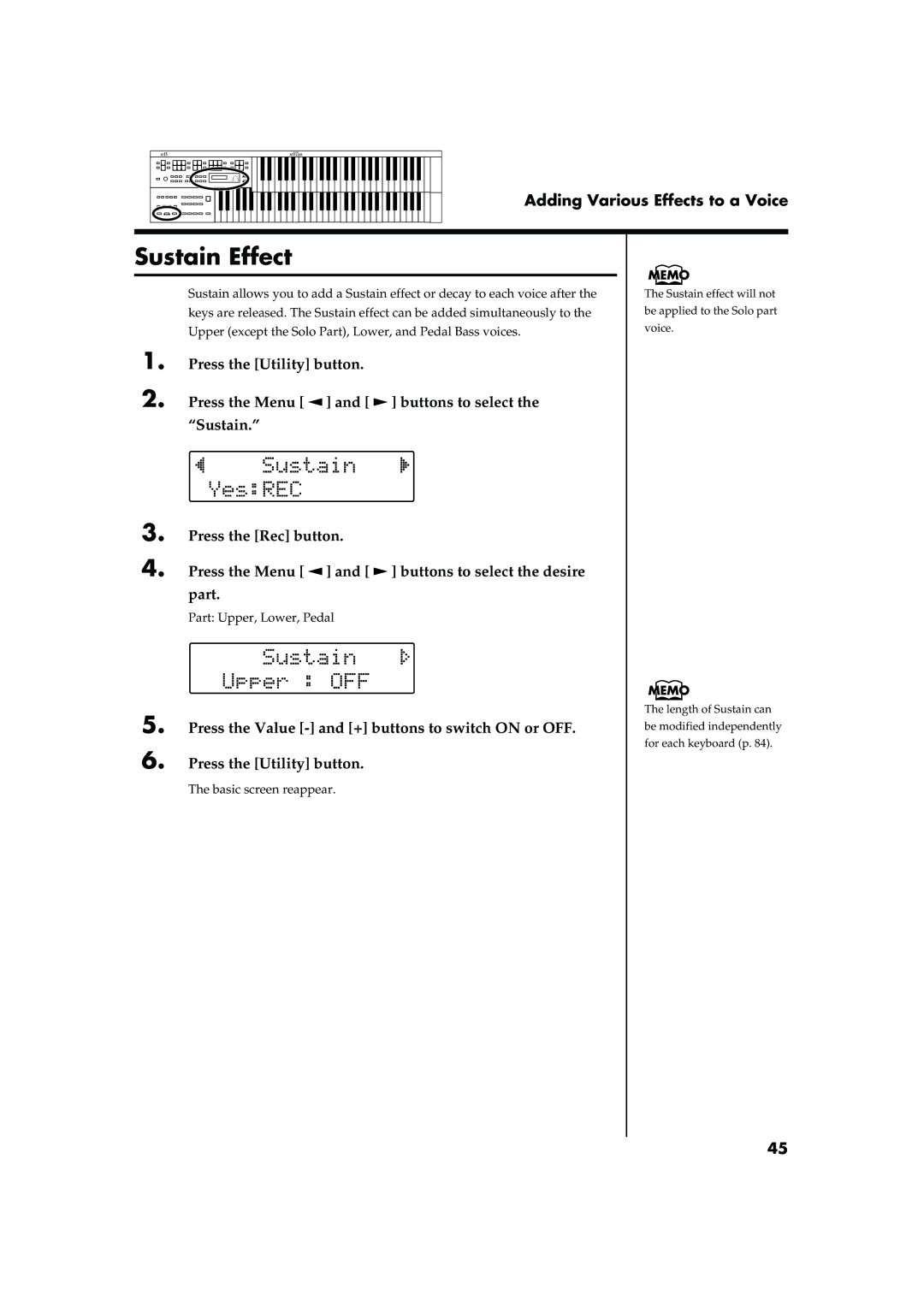 Roland AT15 owner manual Sustain Effect, Part Upper, Lower, Pedal, Basic screen reappear 