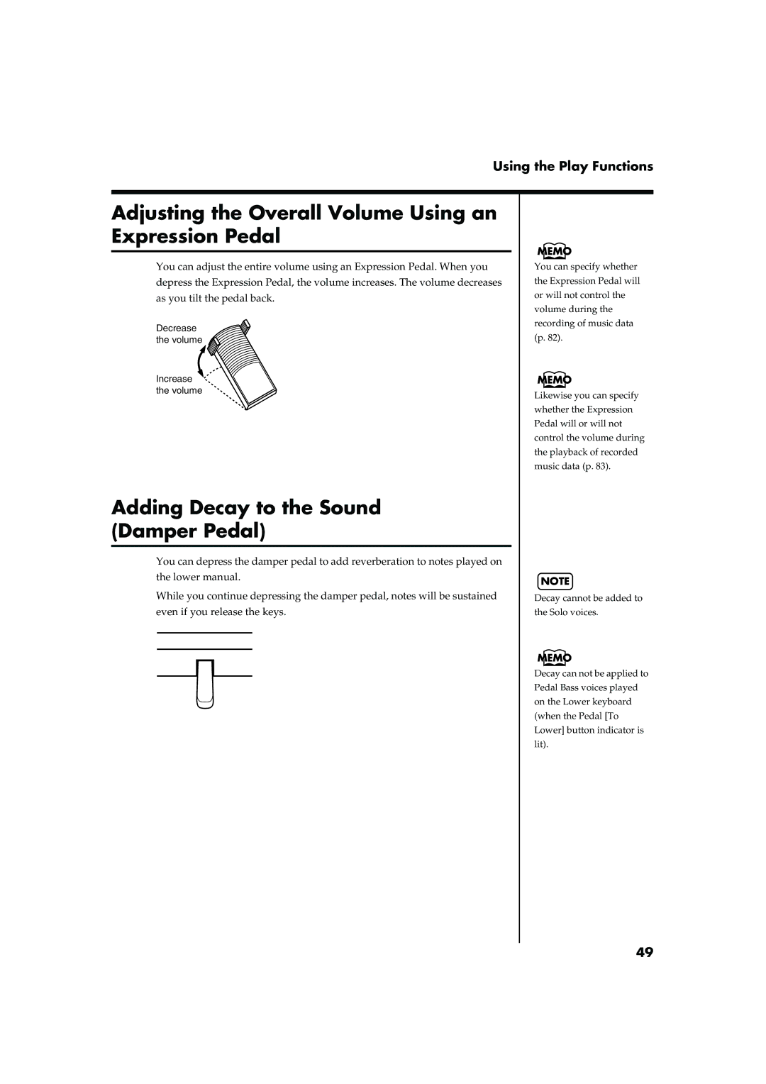 Roland AT15 owner manual Adjusting the Overall Volume Using an Expression Pedal, Adding Decay to the Sound Damper Pedal 