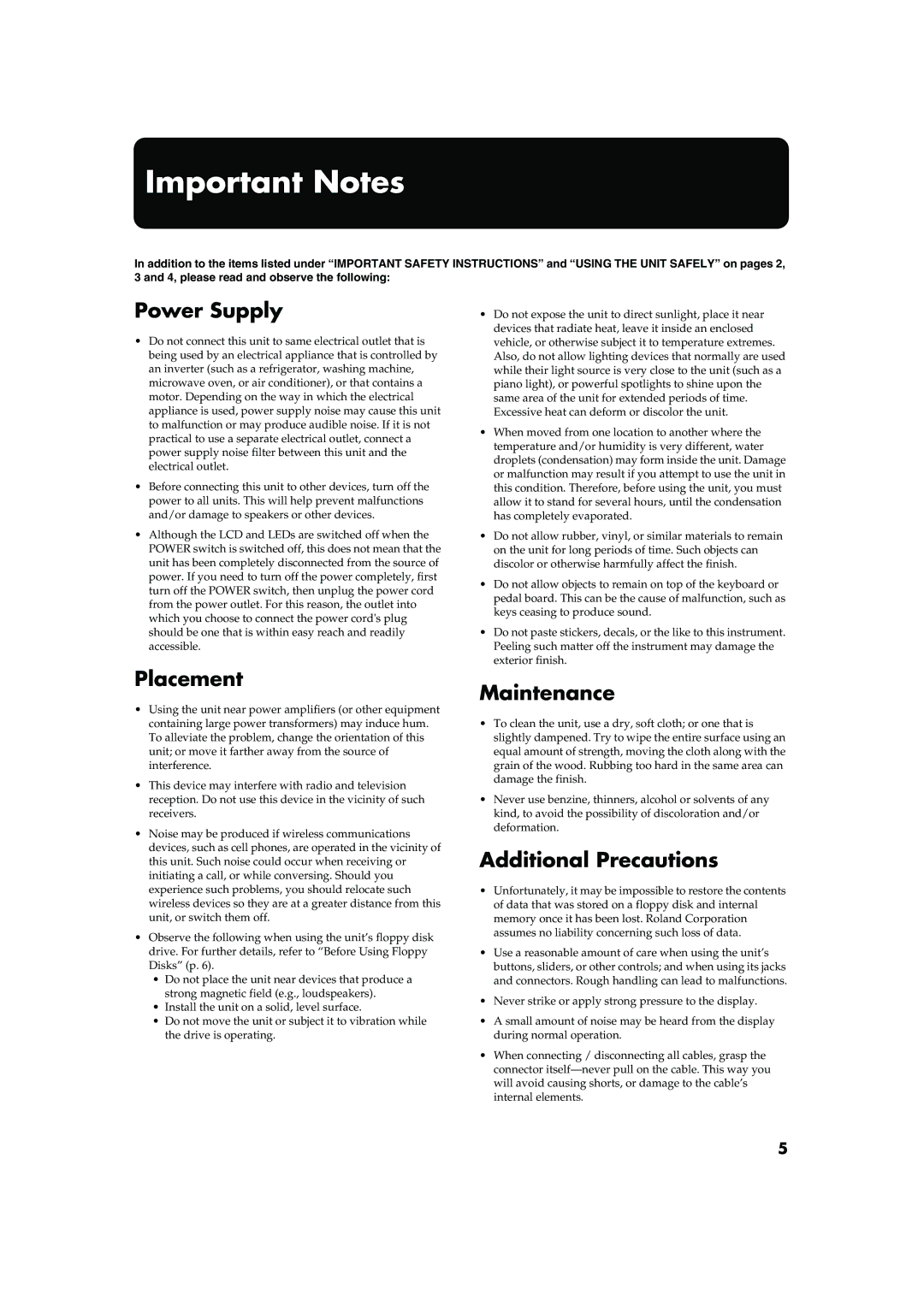 Roland AT15 owner manual Important Notes, Power Supply, Placement, Maintenance, Additional Precautions 