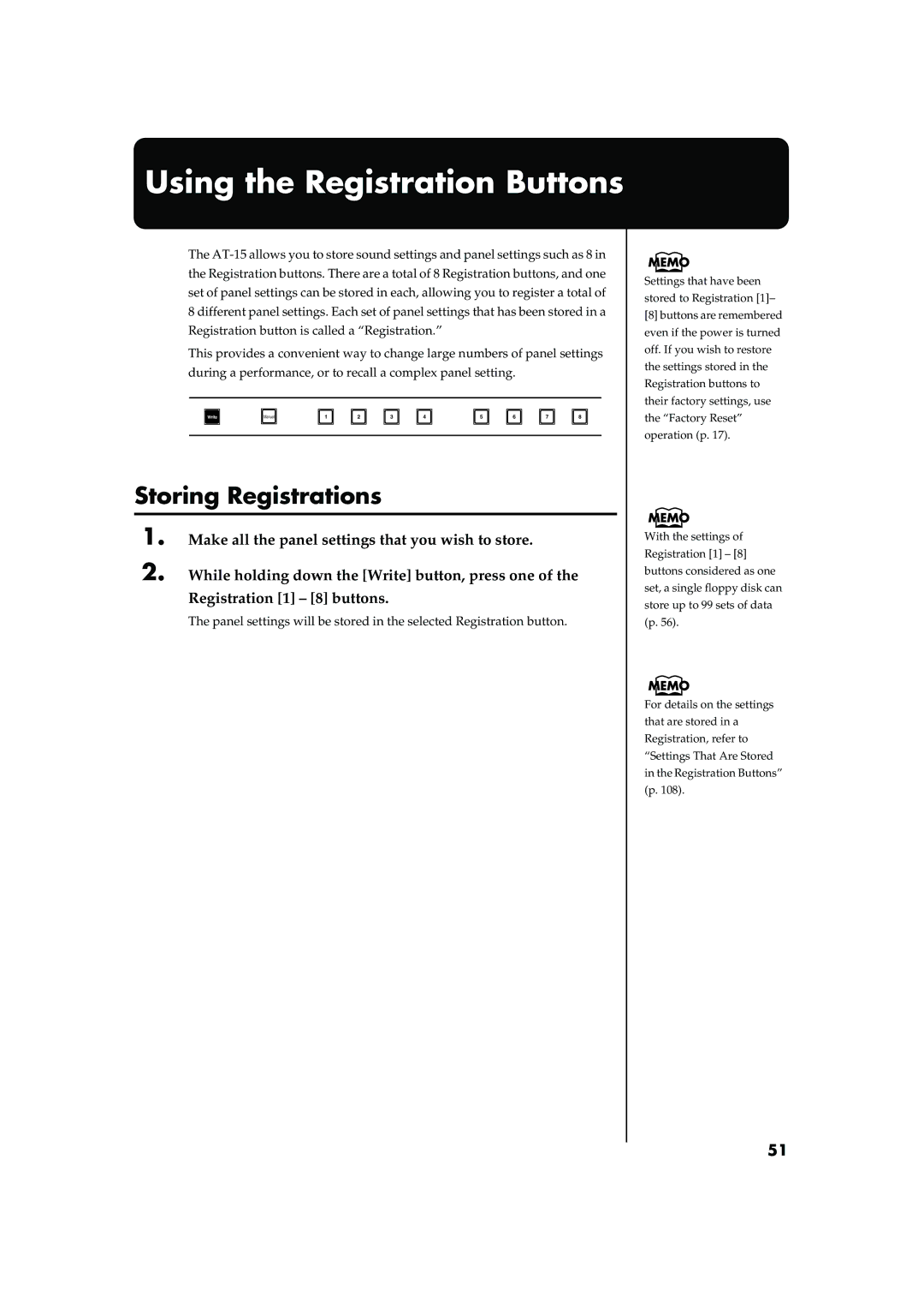 Roland AT15 owner manual Using the Registration Buttons, Storing Registrations 