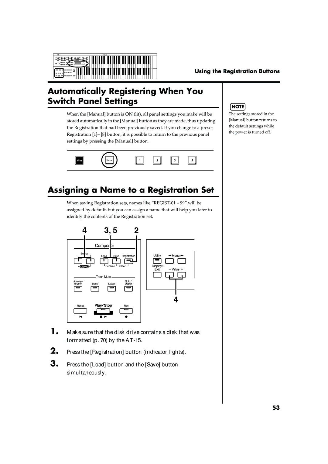 Roland AT15 owner manual Automatically Registering When You Switch Panel Settings, Assigning a Name to a Registration Set 