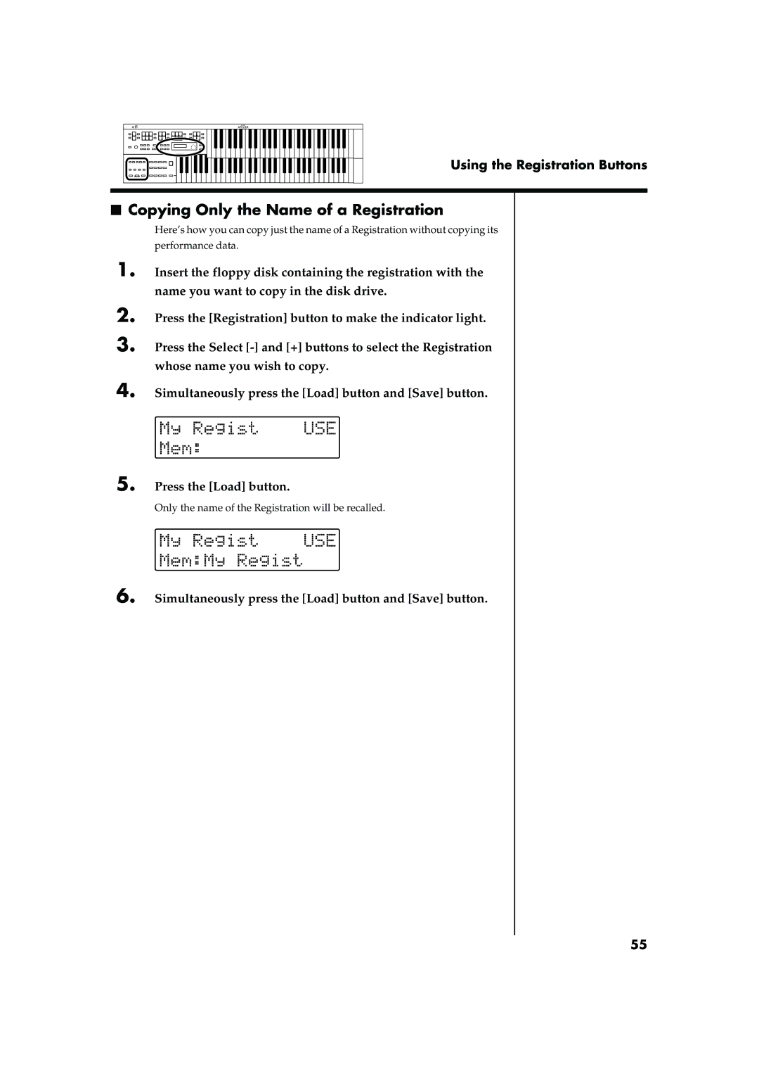 Roland AT15 owner manual Copying Only the Name of a Registration, Only the name of the Registration will be recalled 