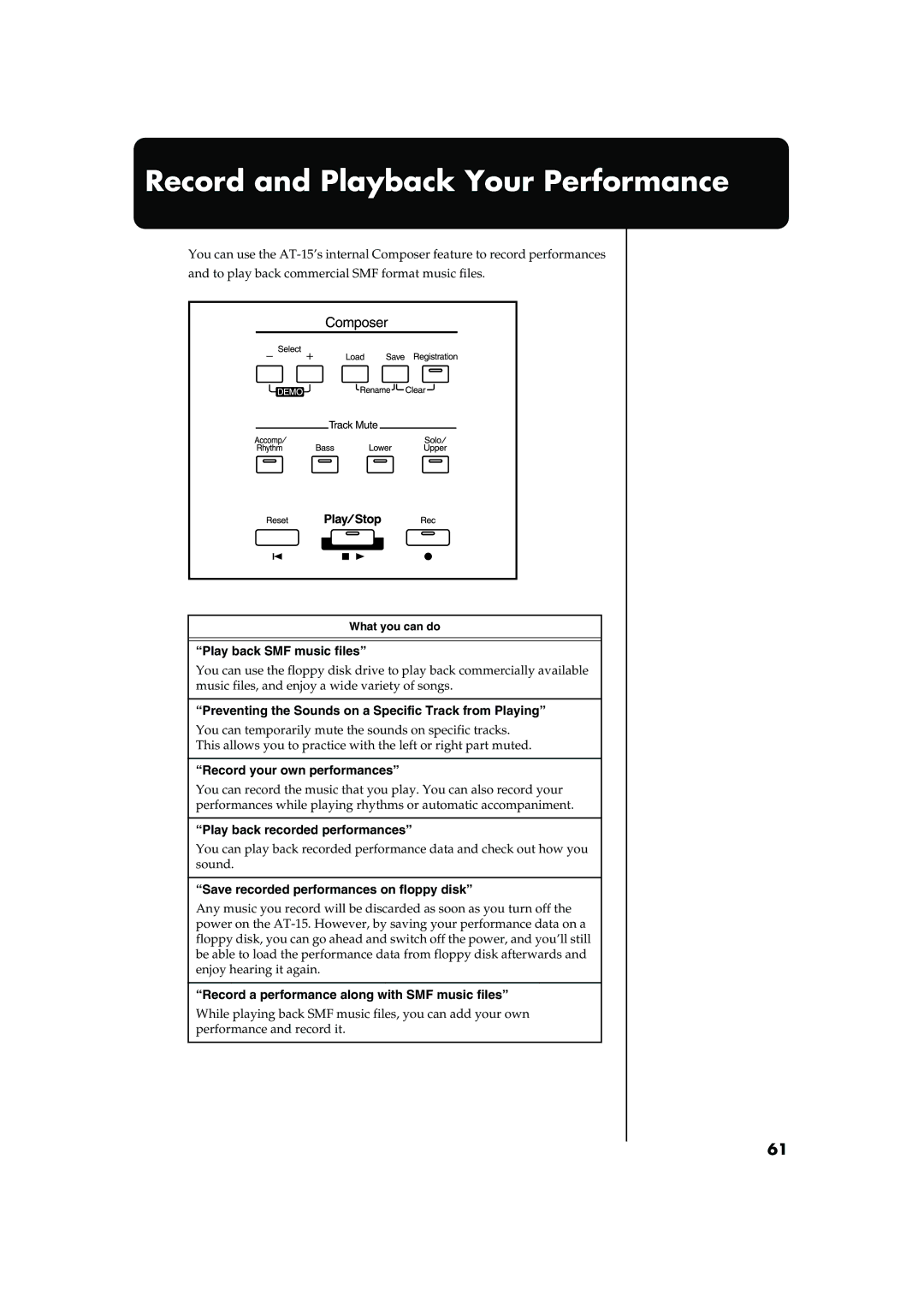 Roland AT15 owner manual Record and Playback Your Performance 