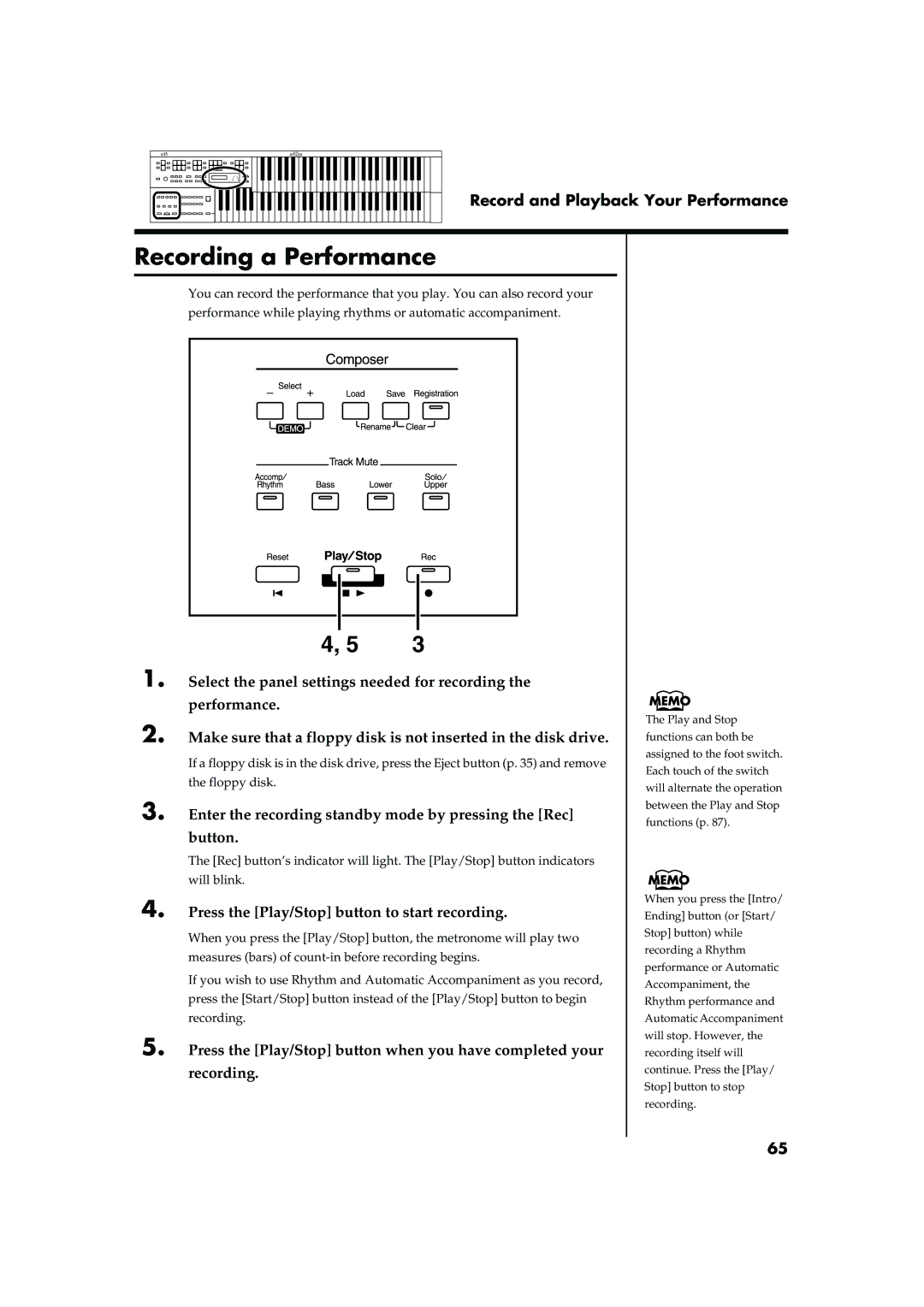 Roland AT15 owner manual Recording a Performance, Enter the recording standby mode by pressing the Rec Button 