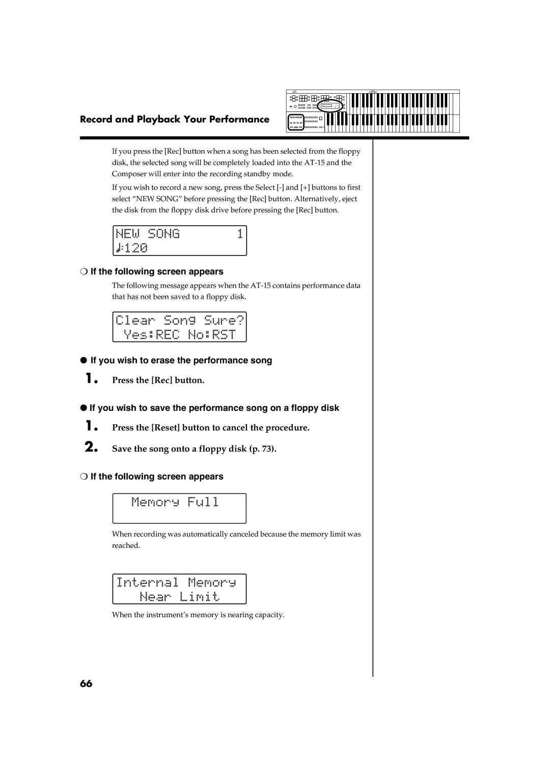 Roland AT15 If you wish to erase the performance song, If you wish to save the performance song on a floppy disk 