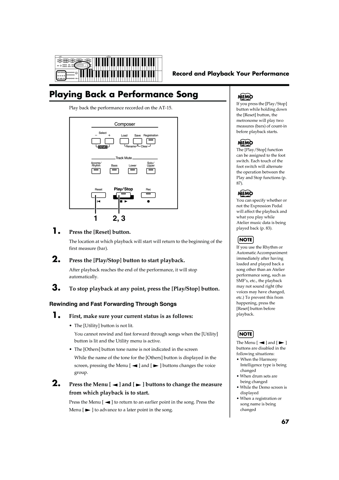 Roland AT15 Playing Back a Performance Song, Press the Reset button, Rewinding and Fast Forwarding Through Songs 